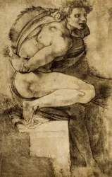 Studie van een mannelijk naakt met gebogen been, tekening door Michelangelo